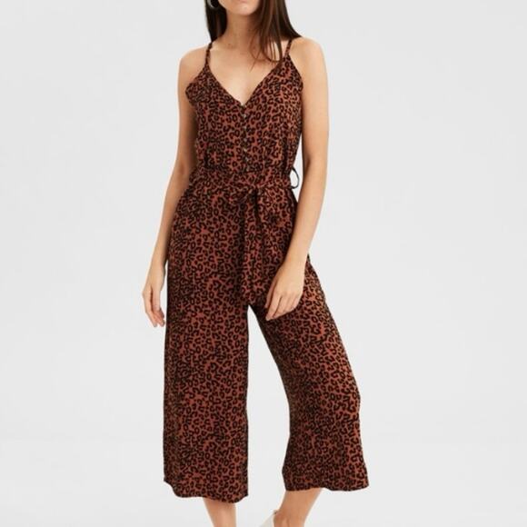 American Eagle Brown Leopard Print Wide Leg Cropped Jumpsuit Sz.M NWT - Picture 1 of 15
